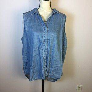 NYDJ Chambray Shirt Blouse Size XL Womans Blue Button Back Sleeveless Hi-Low Hem
